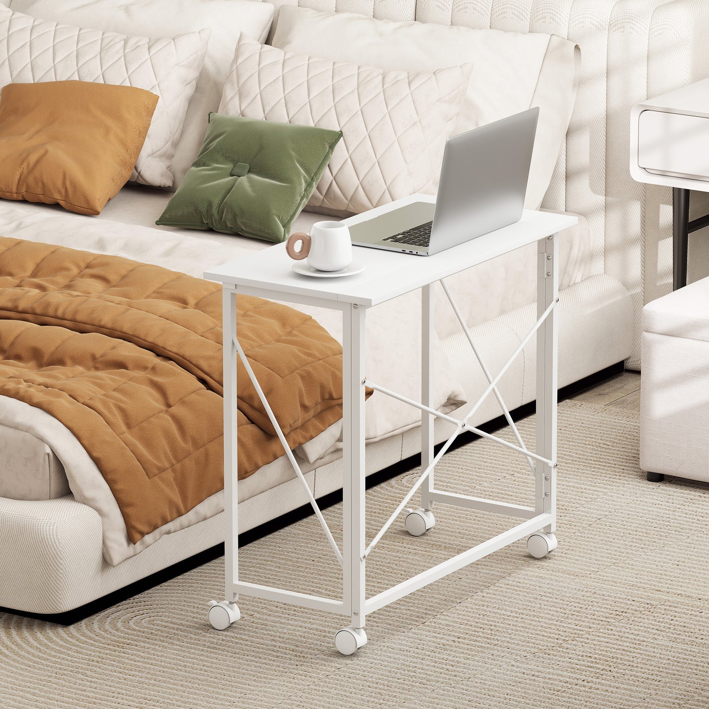 Folding Desk on Wheels, Writing Table for Home Office, White