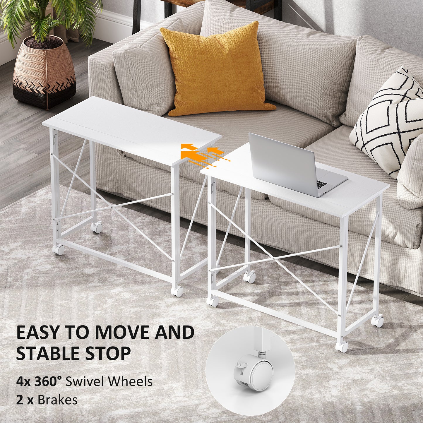Folding Desk on Wheels, Writing Table for Home Office, White