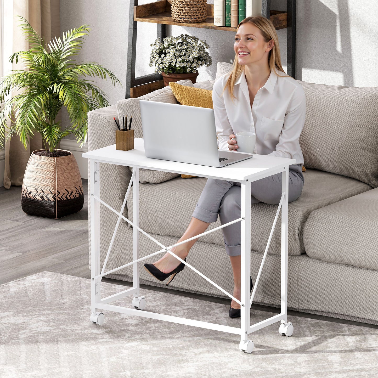 Folding Desk on Wheels, Writing Table for Home Office, White