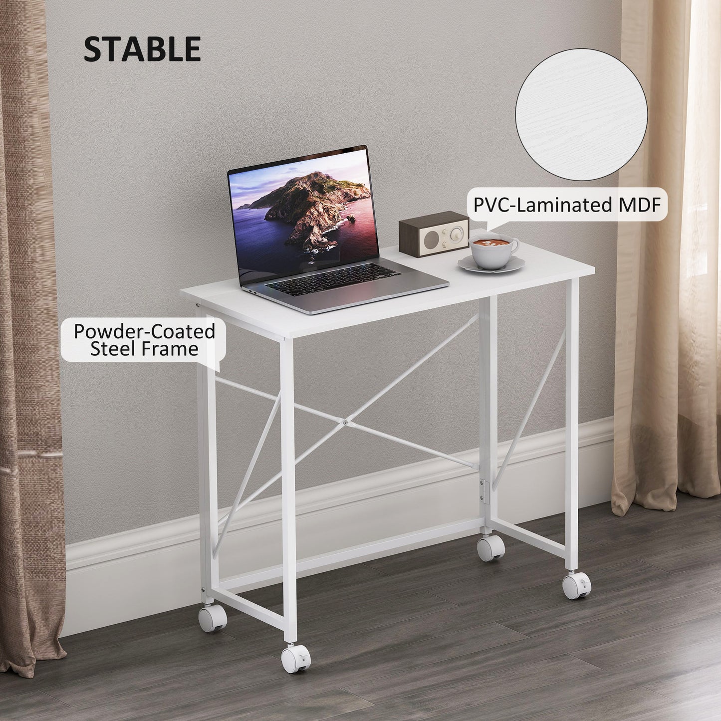 Folding Desk on Wheels, Writing Table for Home Office, White