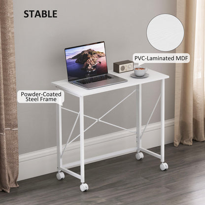 Folding Desk on Wheels, Writing Table for Home Office, White