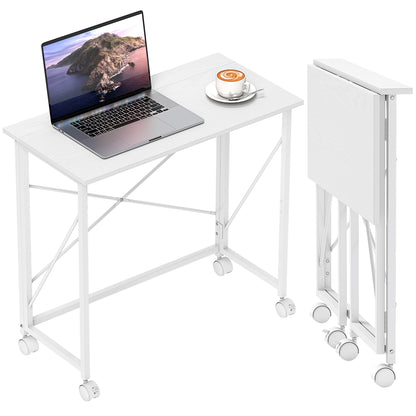 Folding Desk on Wheels, Writing Table for Home Office, White