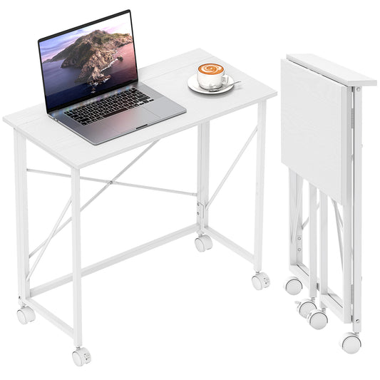Folding Desk on Wheels, Writing Table for Home Office, White