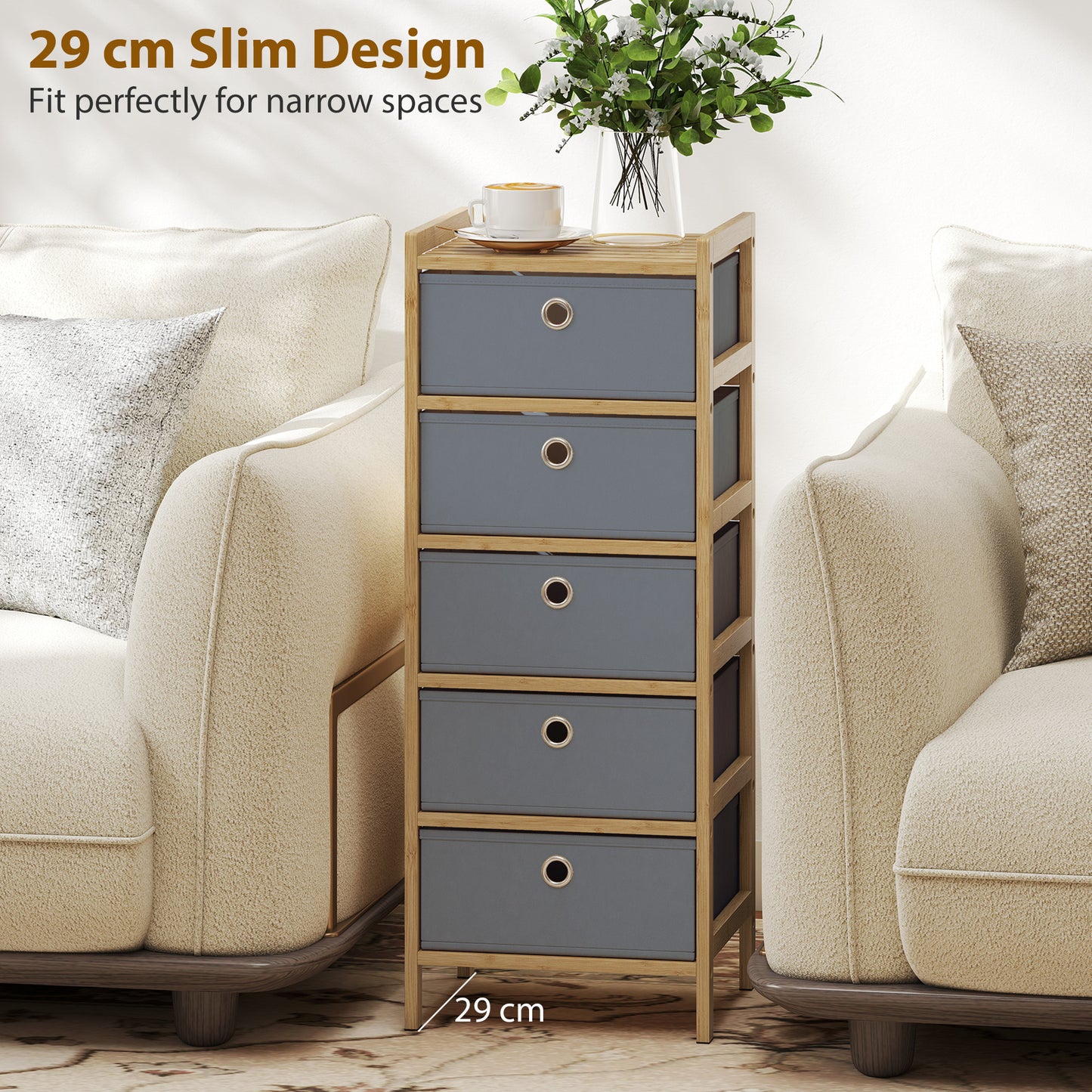 Chest of Drawers, 5 Drawers Dresser with Bamboo Frame, Light Grey