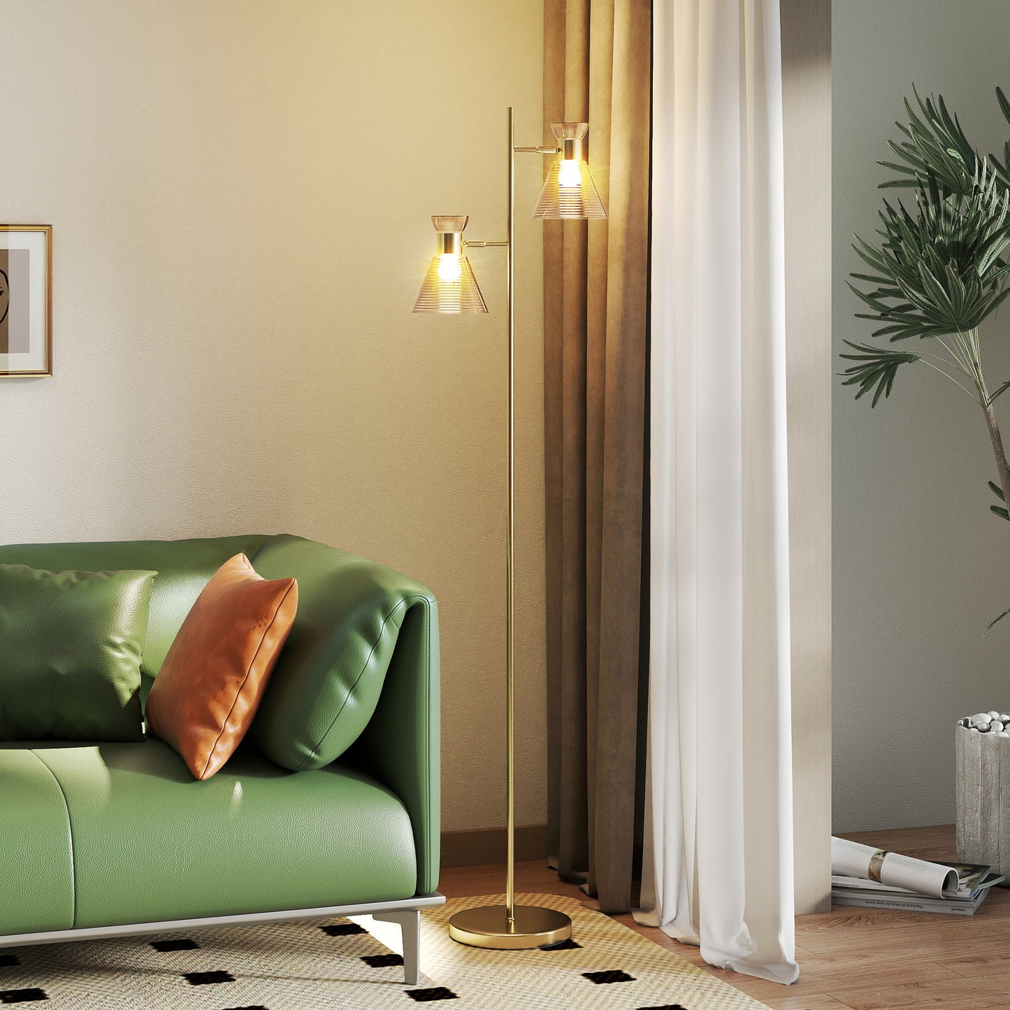 Standing Lamp with Adjustable Dual Head, Modern Floor Lamp, Gold Tone