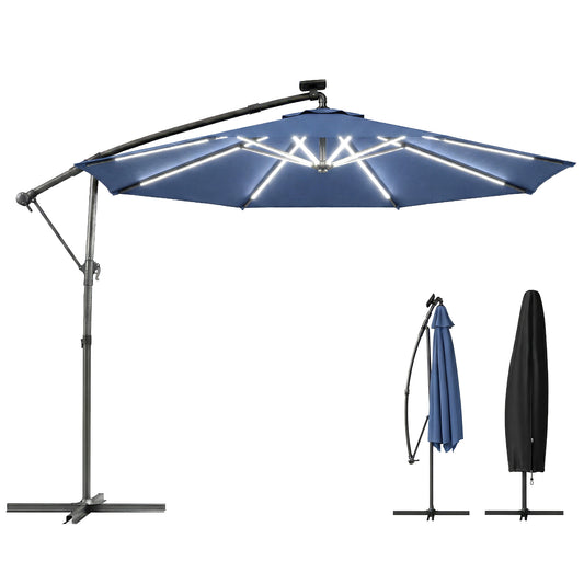 3 m Garden Cantilever Parasol with Solar Light, Rotation, Navy Blue