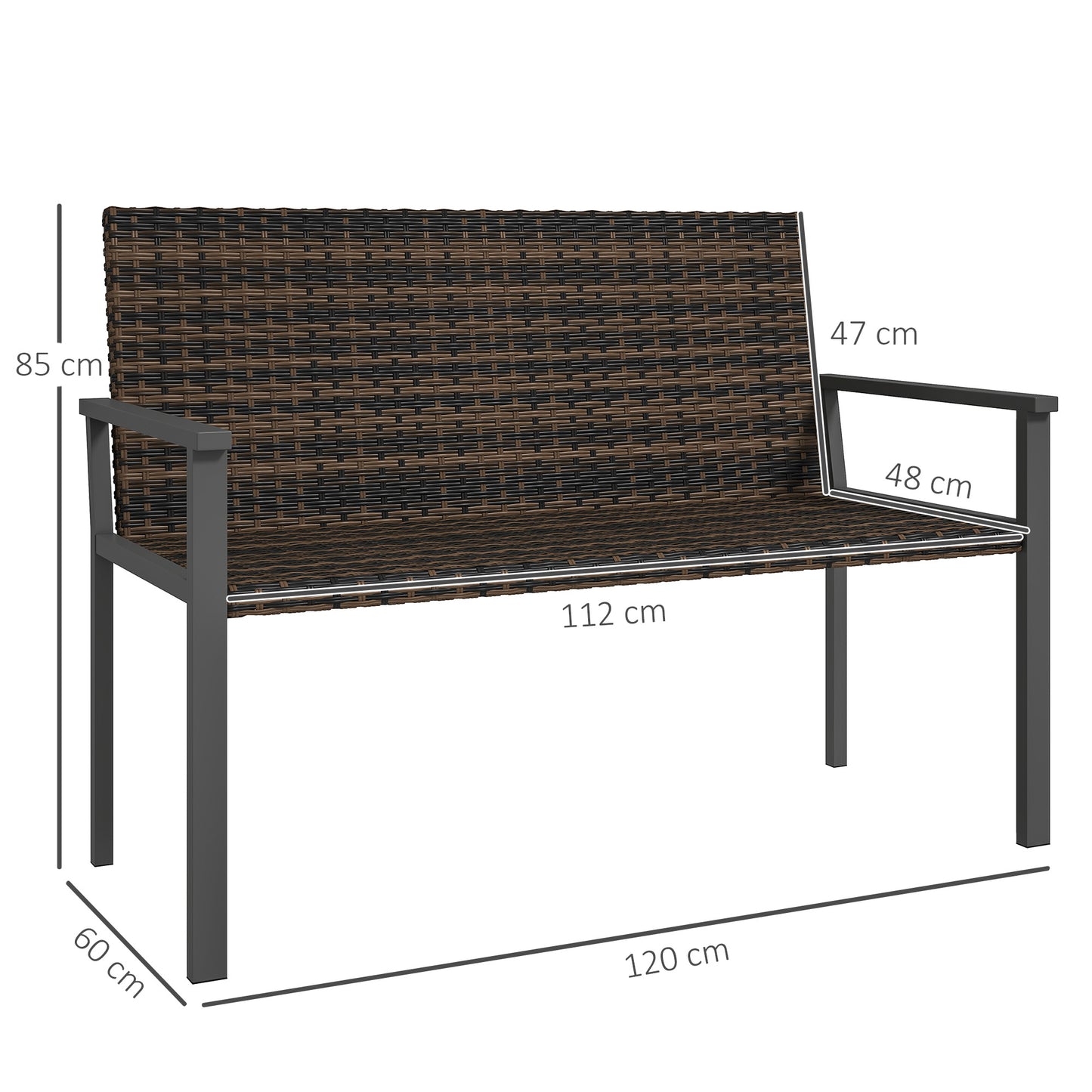 Rattan Garden Bench Loveseat with Quick-Drying Padding, Mixed Brown