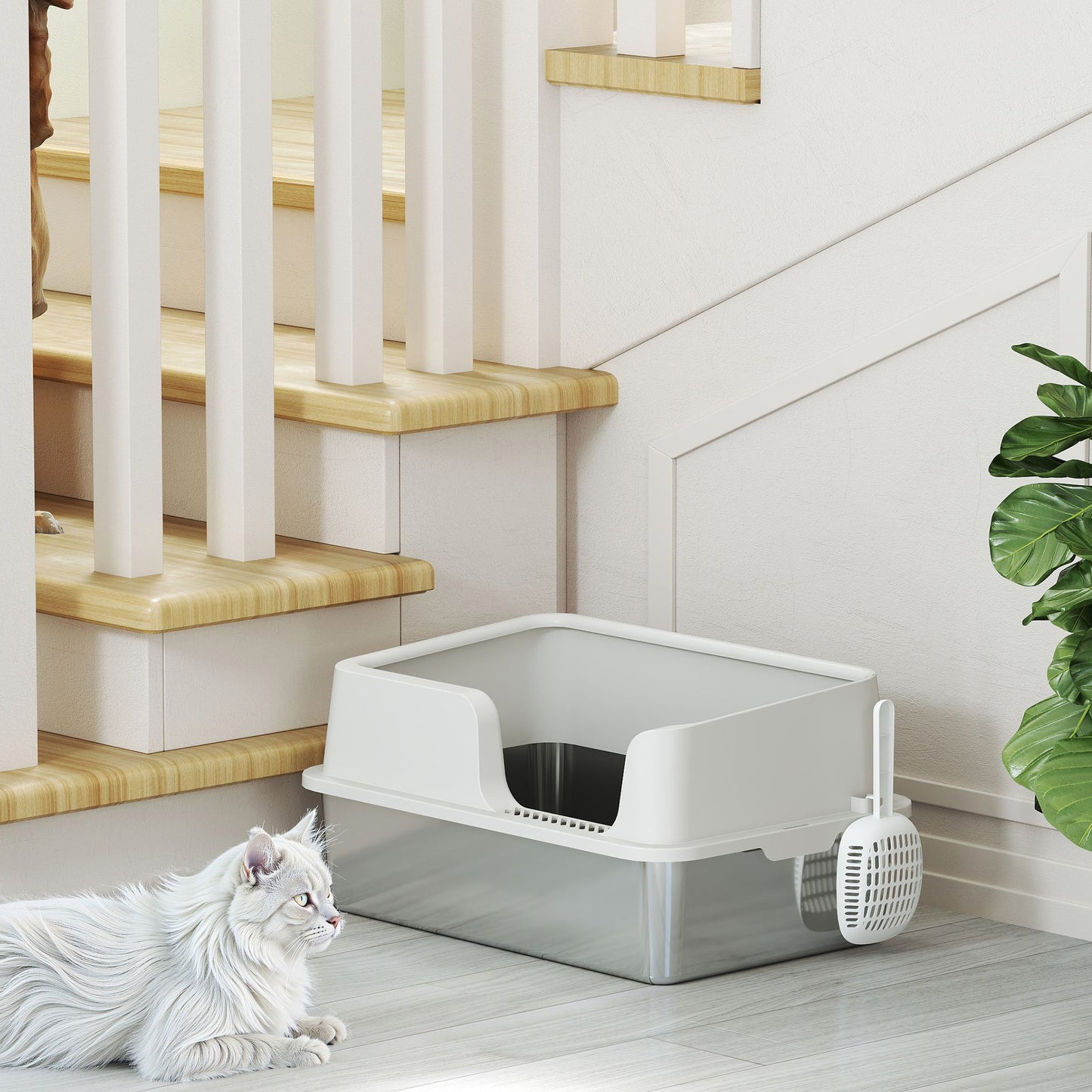 Stainless Steel Litter Box, High Sided Metal Cat Litter Tray w/ Scoop