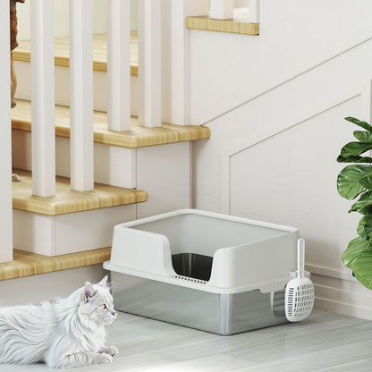 Stainless Steel Litter Box, High Sided Metal Cat Litter Tray w/ Scoop