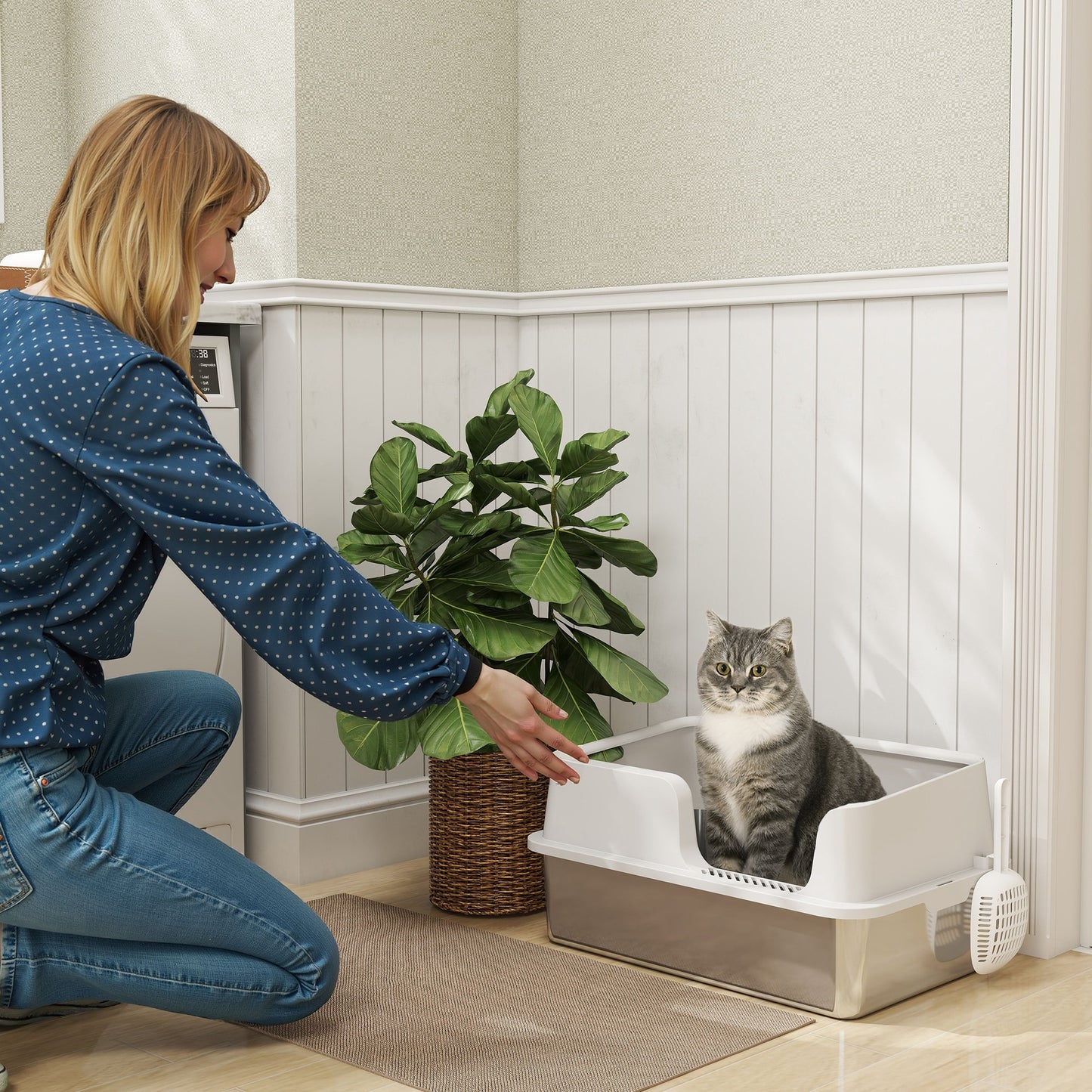 Stainless Steel Litter Box, High Sided Metal Cat Litter Tray w/ Scoop