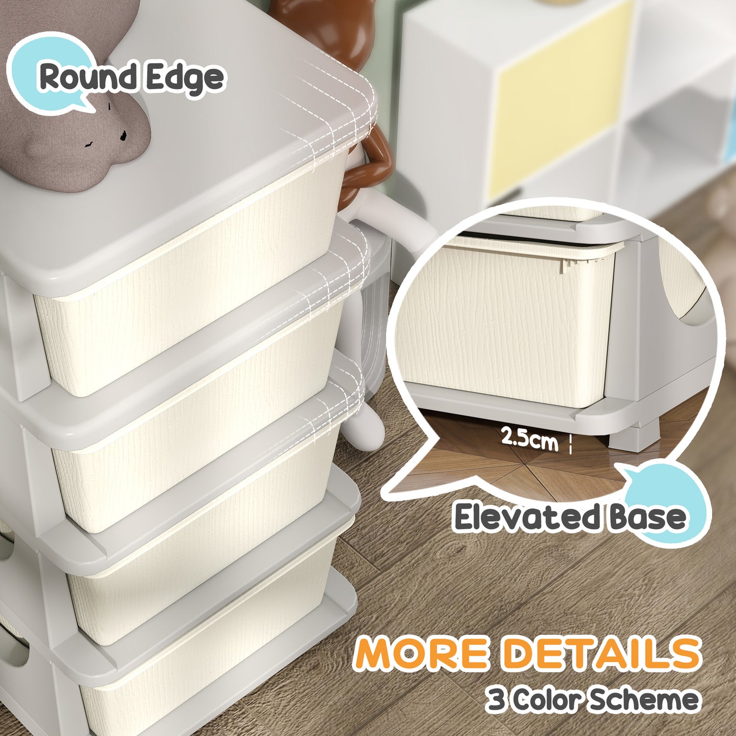 Kids Storage Units with Drawers 4 Tier Chest Dresser Tower Cream