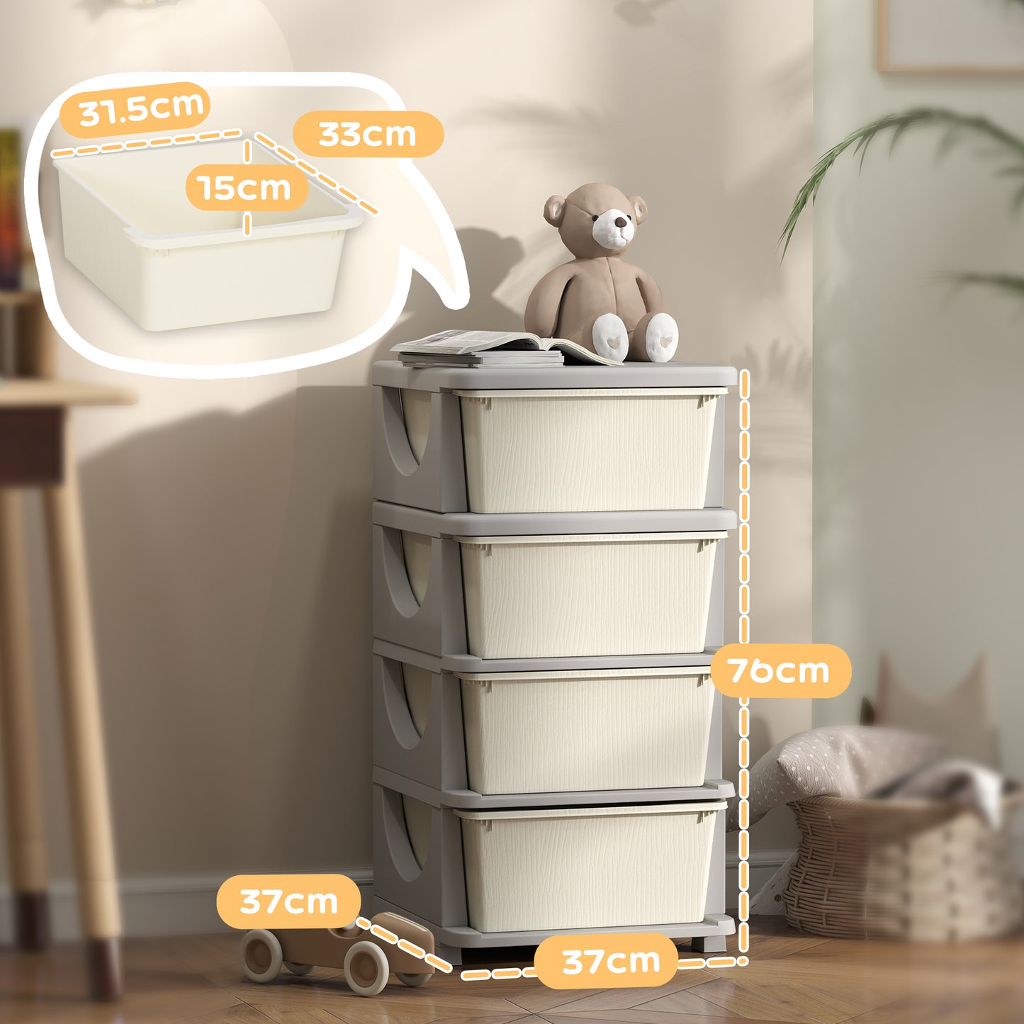 Kids Storage Units with Drawers 4 Tier Chest Dresser Tower Cream