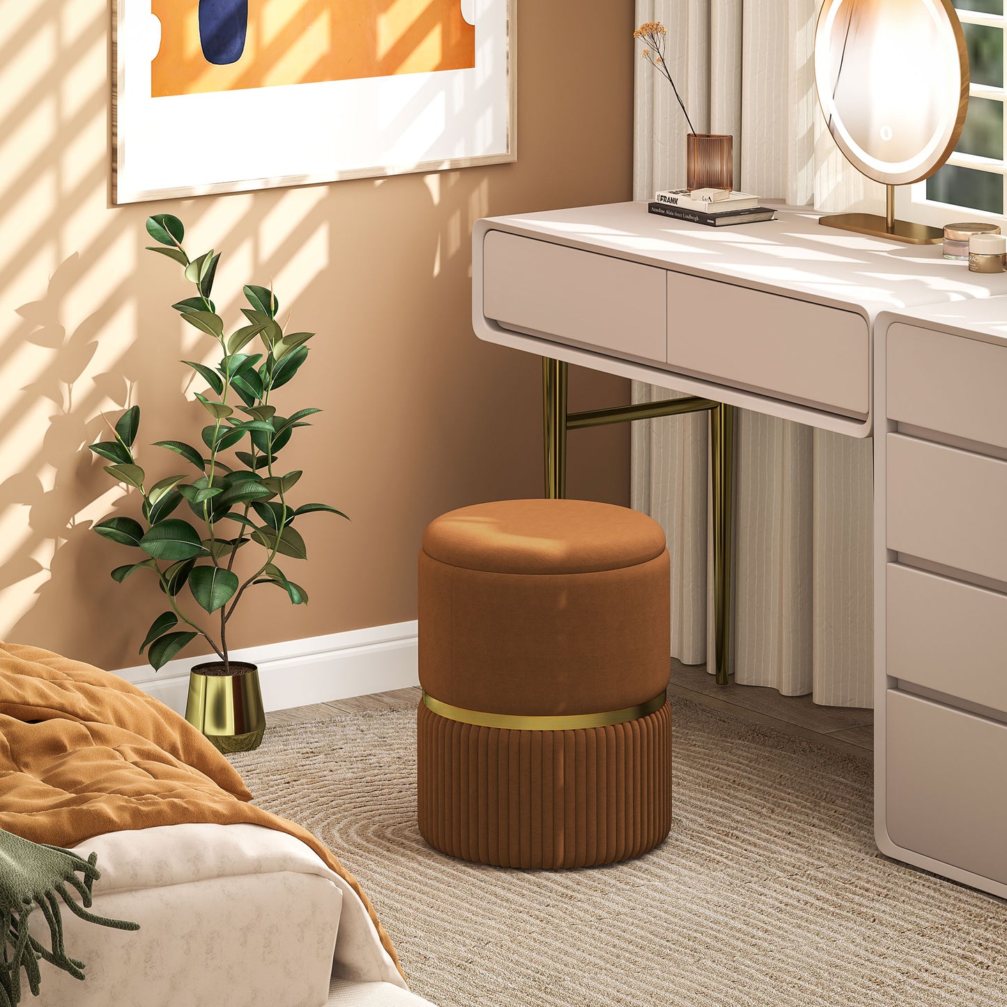 Round Pouffe, Storage Footstool with Cushioned Top, Hidden Space Light Brown