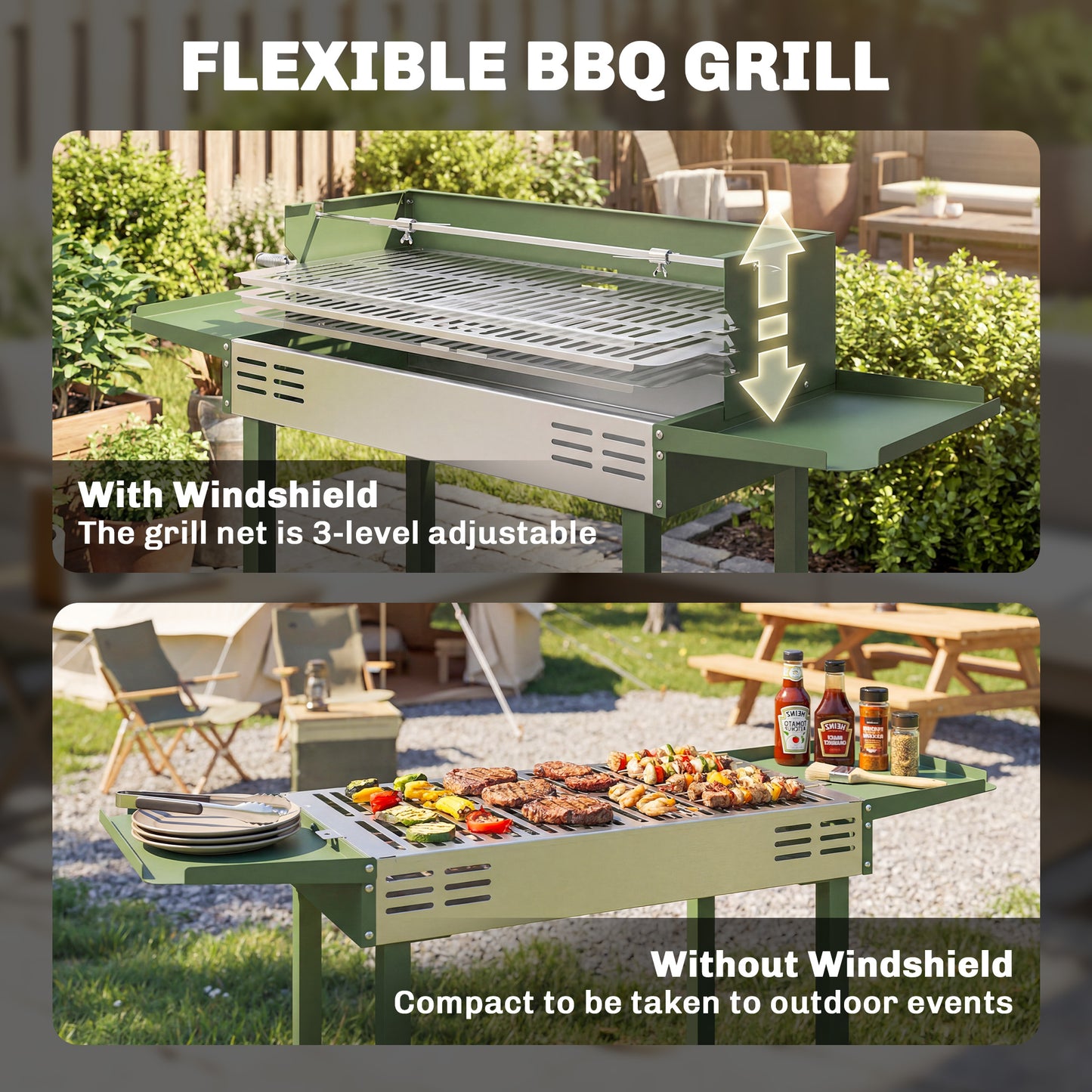 Charcoal Spit Roasting Machine w/ 3-Tier Grill Grate, Dark Green