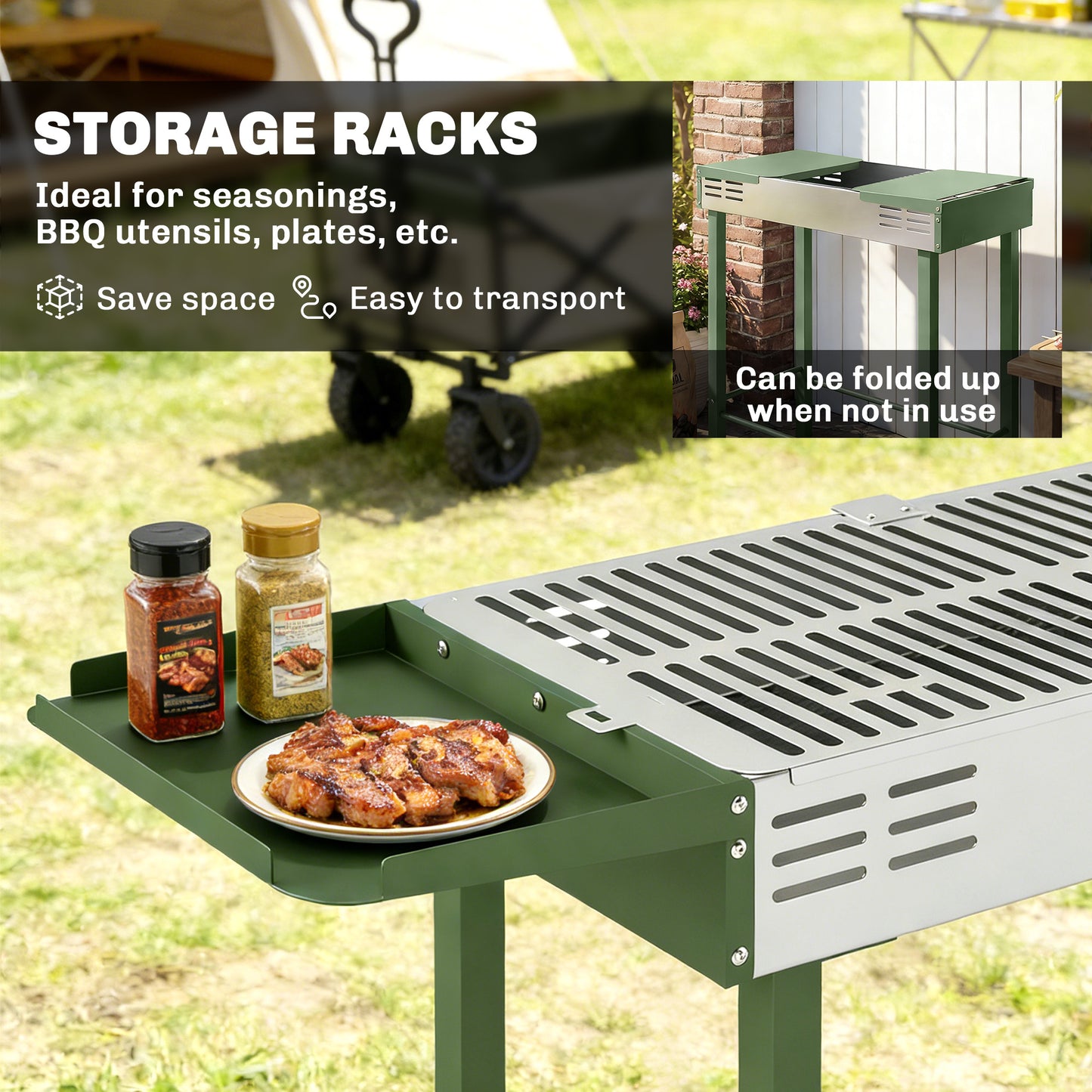 Charcoal Spit Roasting Machine w/ 3-Tier Grill Grate, Dark Green