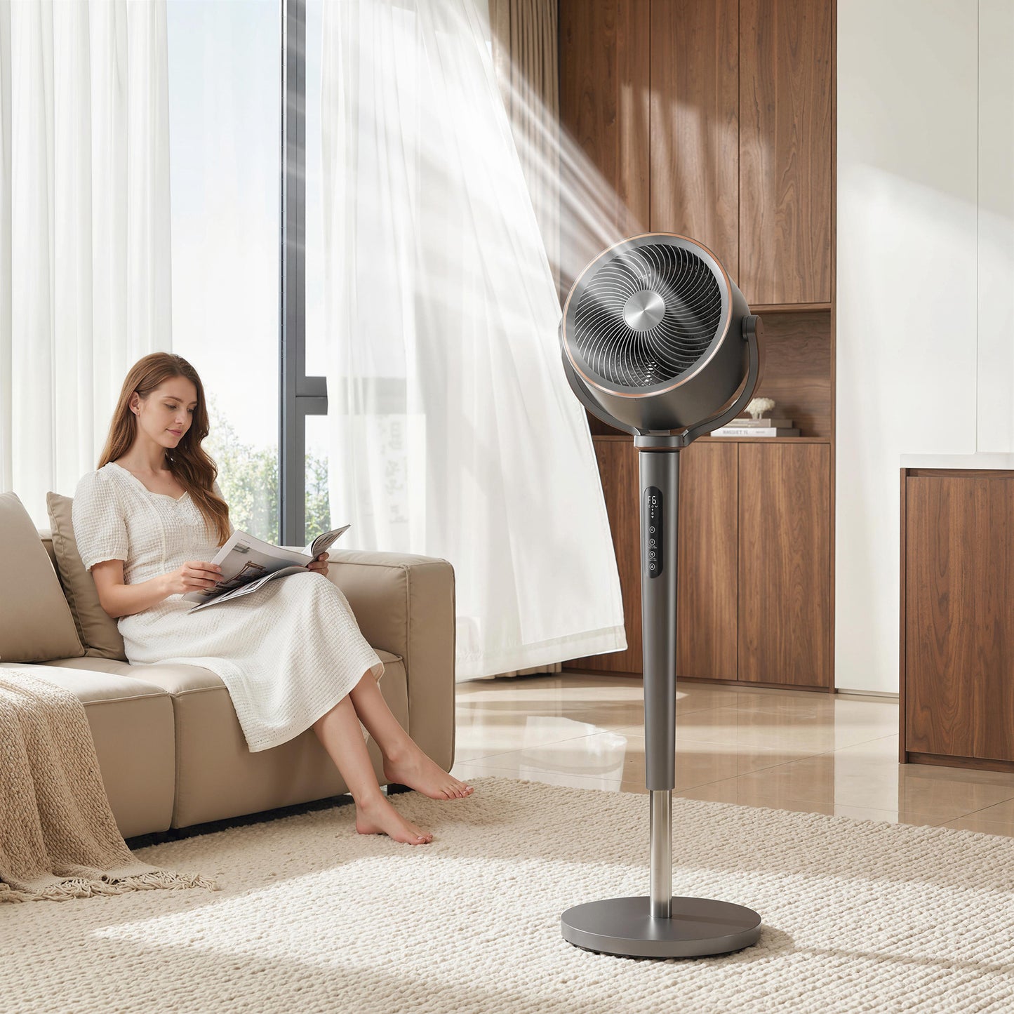 20dB Silent Standing Fan, 70°+90° Auto Oscillating Fan with 12 Speeds, LED Light, Air Circulator, Remote Control, 12H Timer, for Bedroom, 46 Inch, Grey