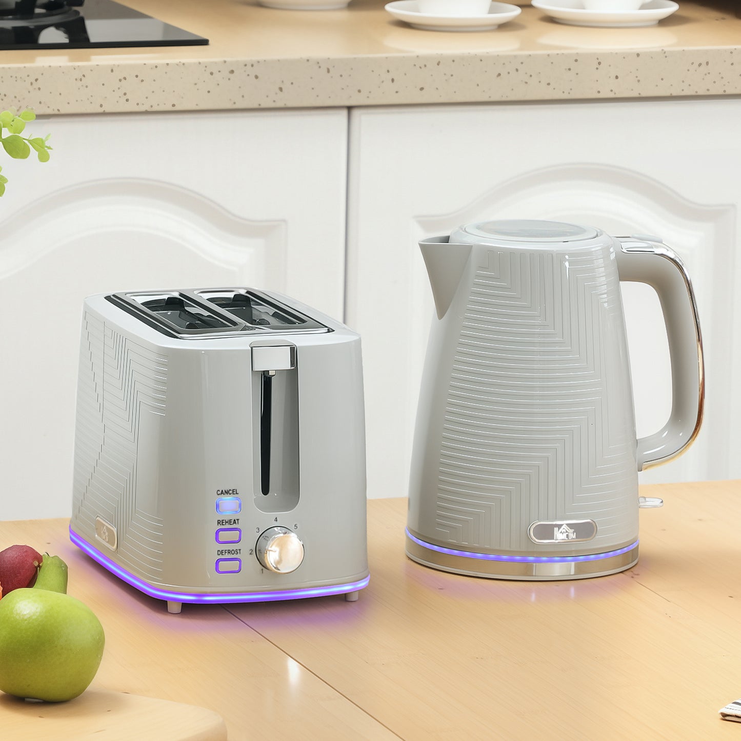 1.7L 3000W Rapid Boil Kettle and 2 Slice Toaster Set Crumb Tray Grey