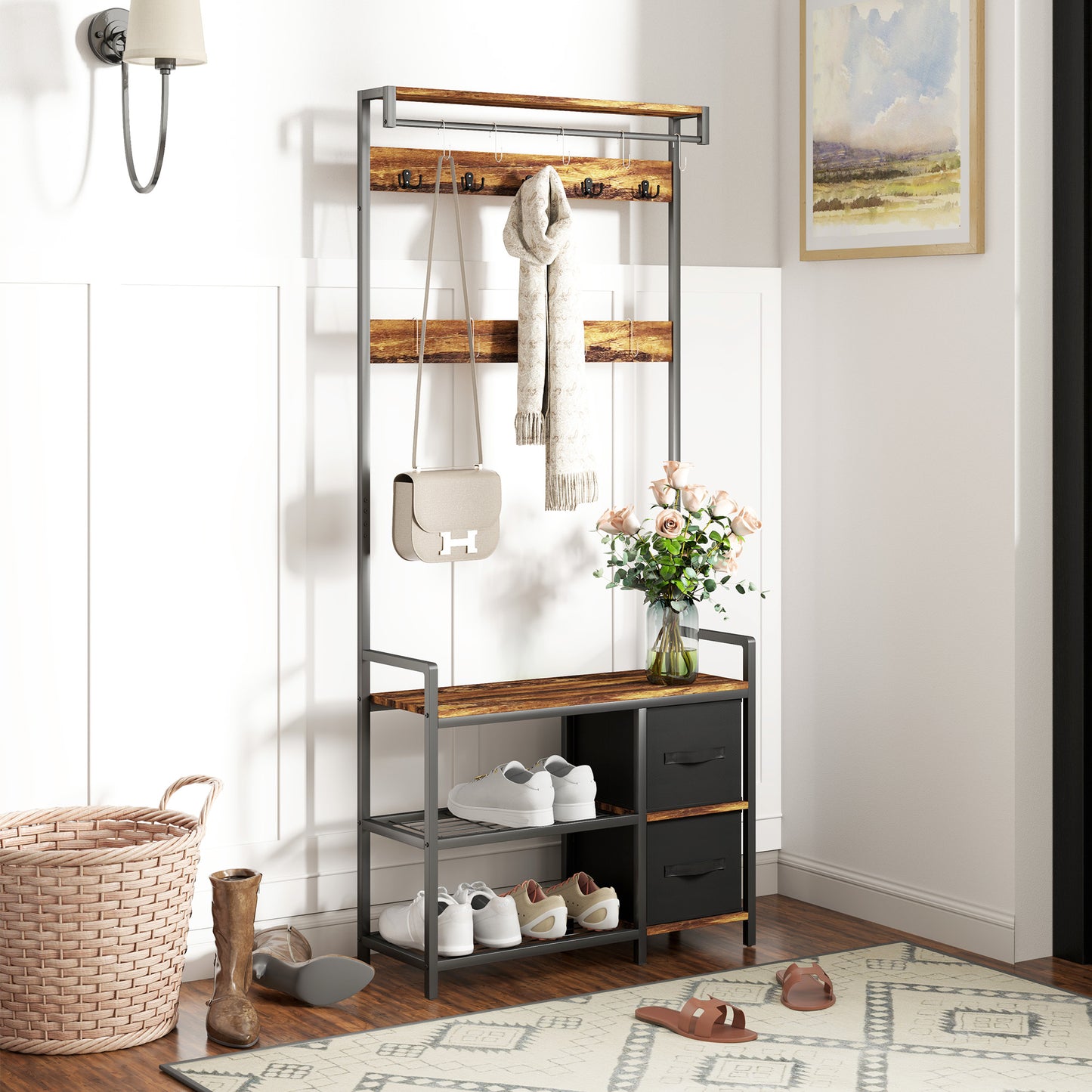 Coat Rack with Drawer, 4-in-1 Hall Tree with Coat Stand, Rustic Brown