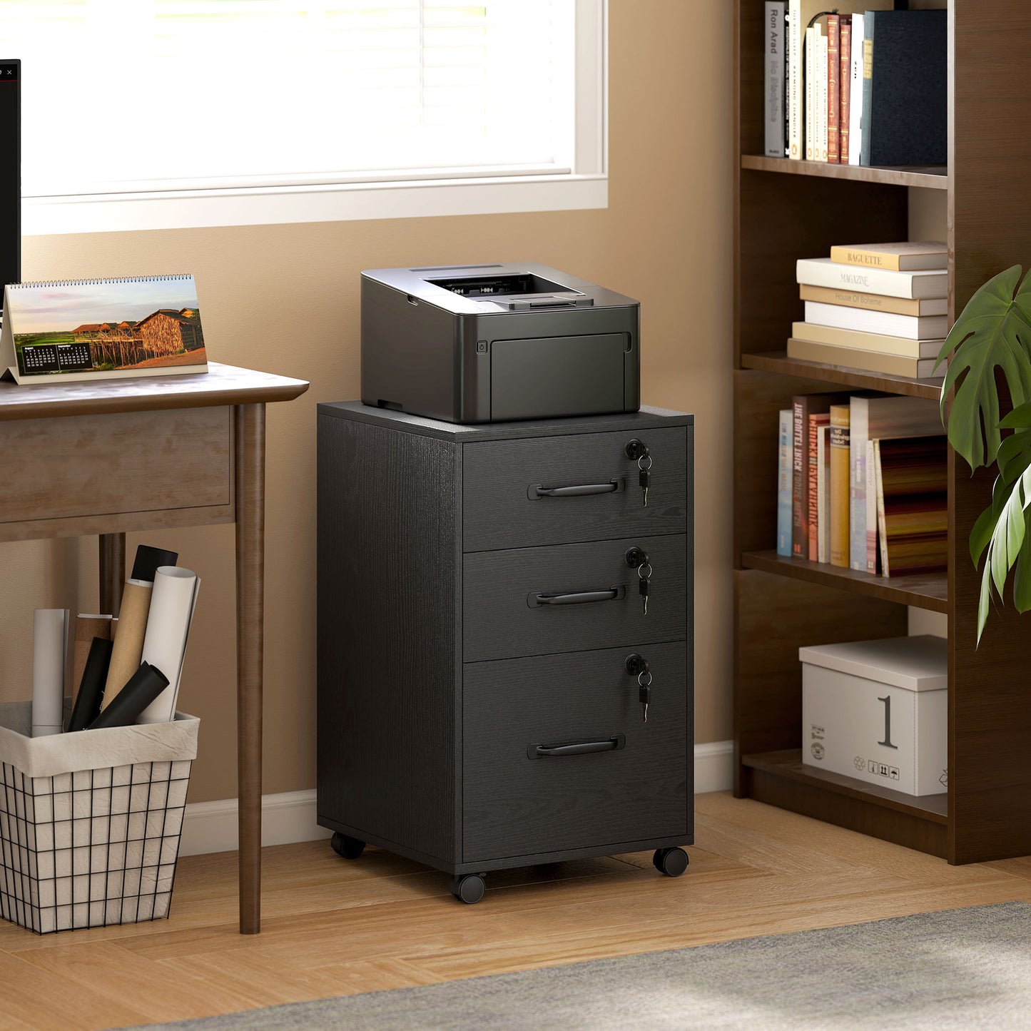 3 Drawer File Cabinet Rolling Filing Cabinet for A4 and Letter Black