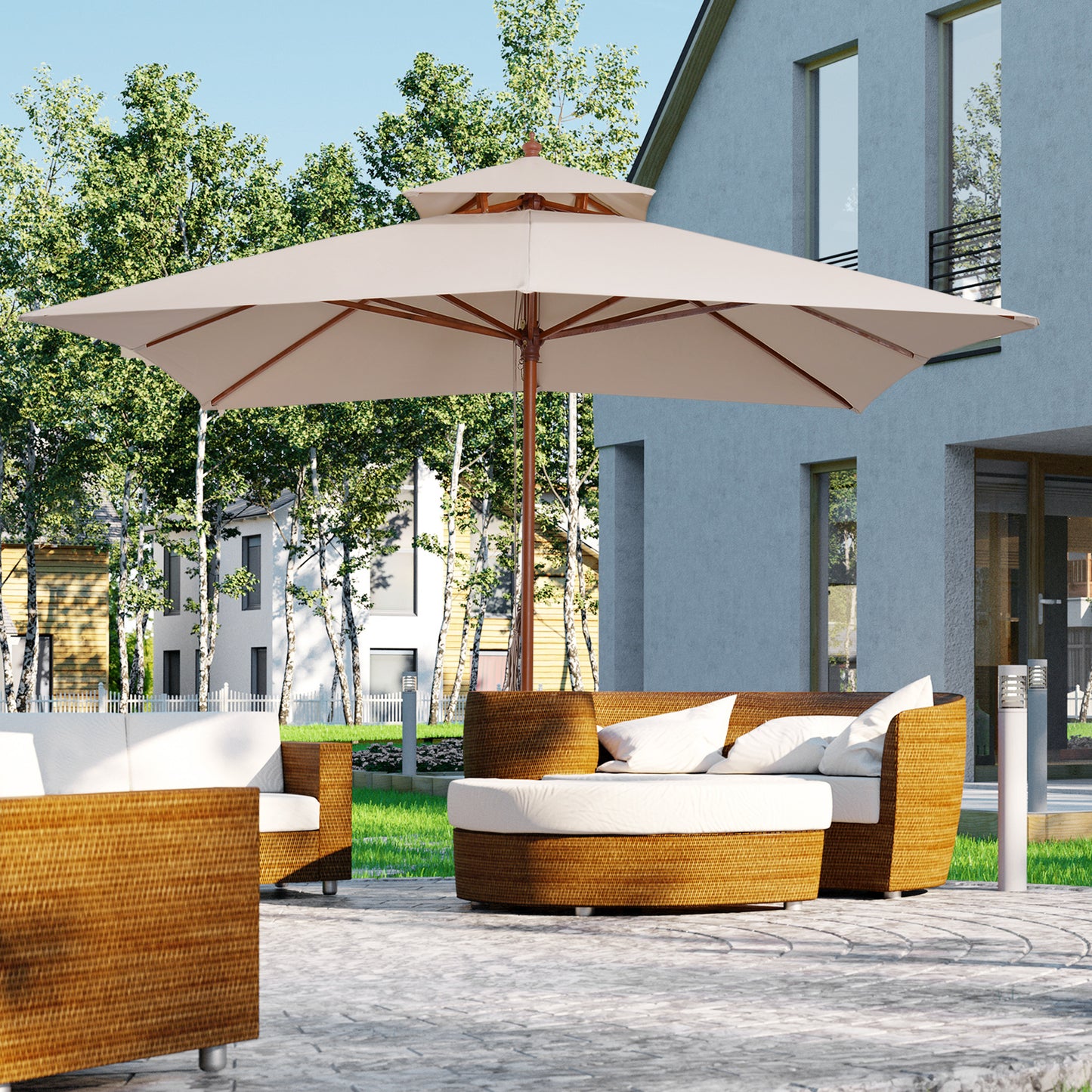 Warehouse Clearance: Beige Parasol Patio 3x3M Double Tier Garden Sun Umbrella Sunshade Outdoor Wood Wooden Canopy Tier (Jersey Only)