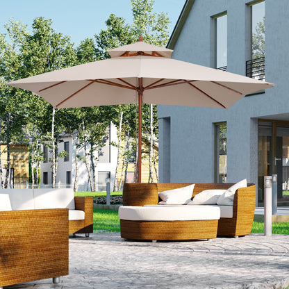 Warehouse Clearance: Beige Parasol Patio 3x3M Double Tier Garden Sun Umbrella Sunshade Outdoor Wood Wooden Canopy Tier (Jersey Only)