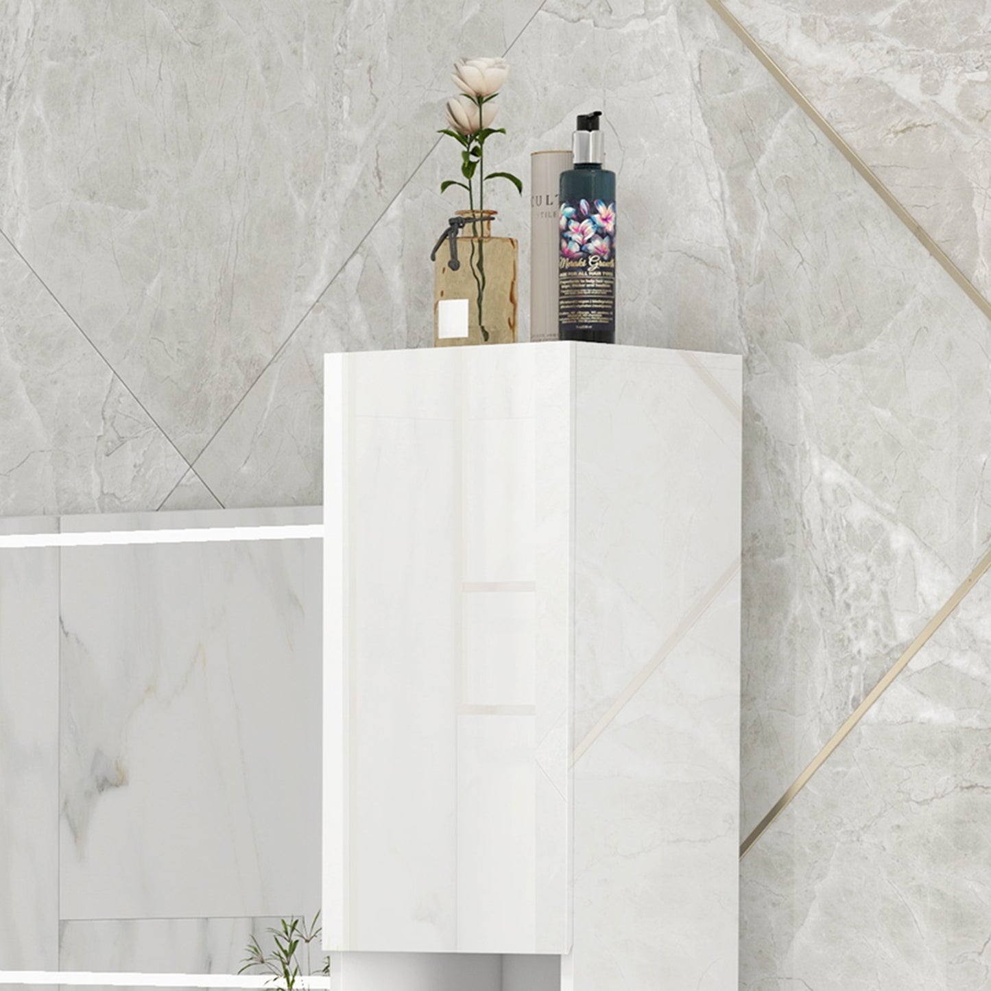 Kleankin Freestanding Bathroom Cabinet, High Gloss Storage Cabinet Floor Storage Cupboard with Mirror, 2 doors and Adjustable Shelves, White