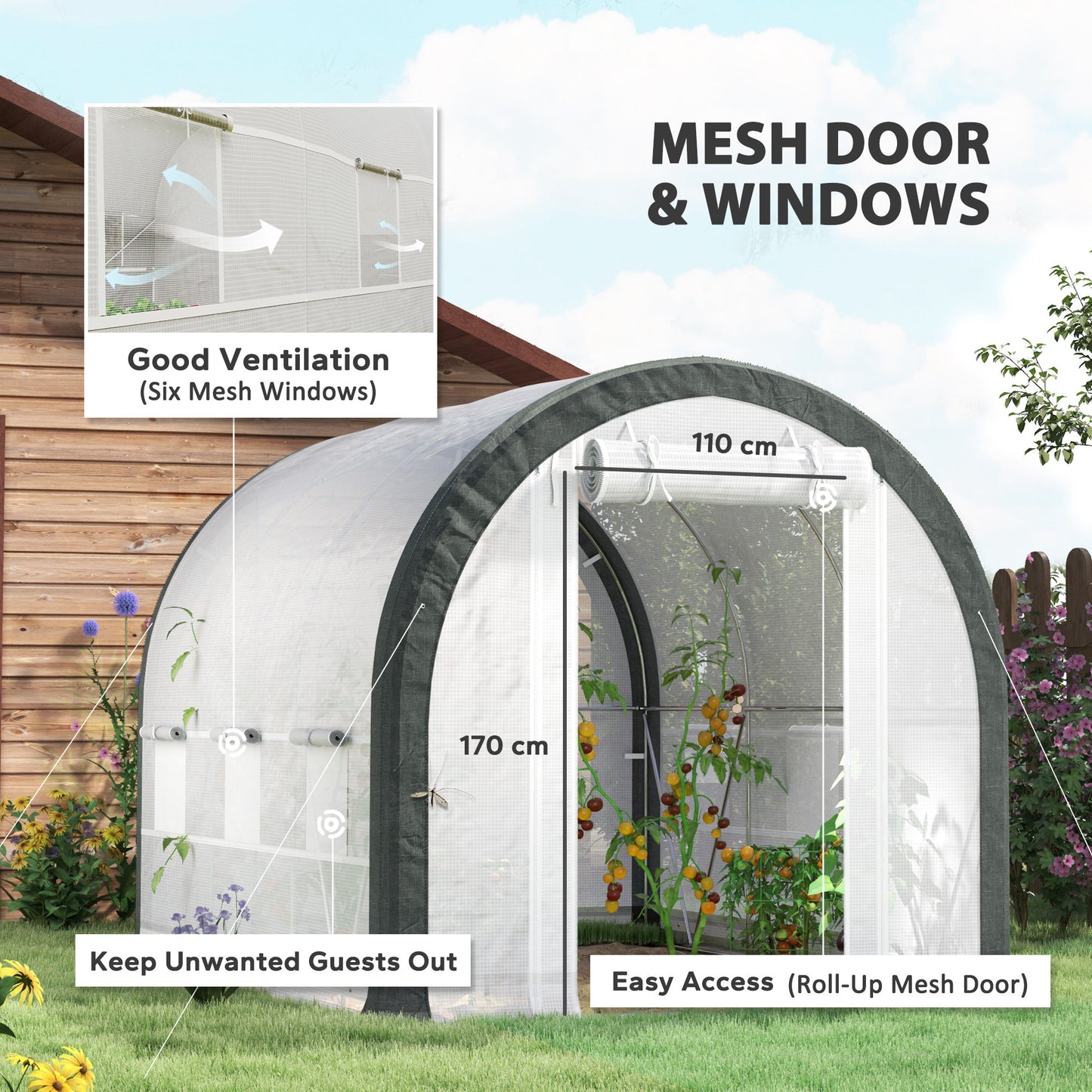Walk-in Tunnel Greenhouse, Upgraded Structure, Mesh Door & Windows