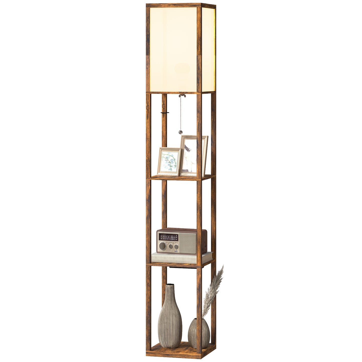 4 Layer Column Standing Lamp with USB Ports, Rustic Brown