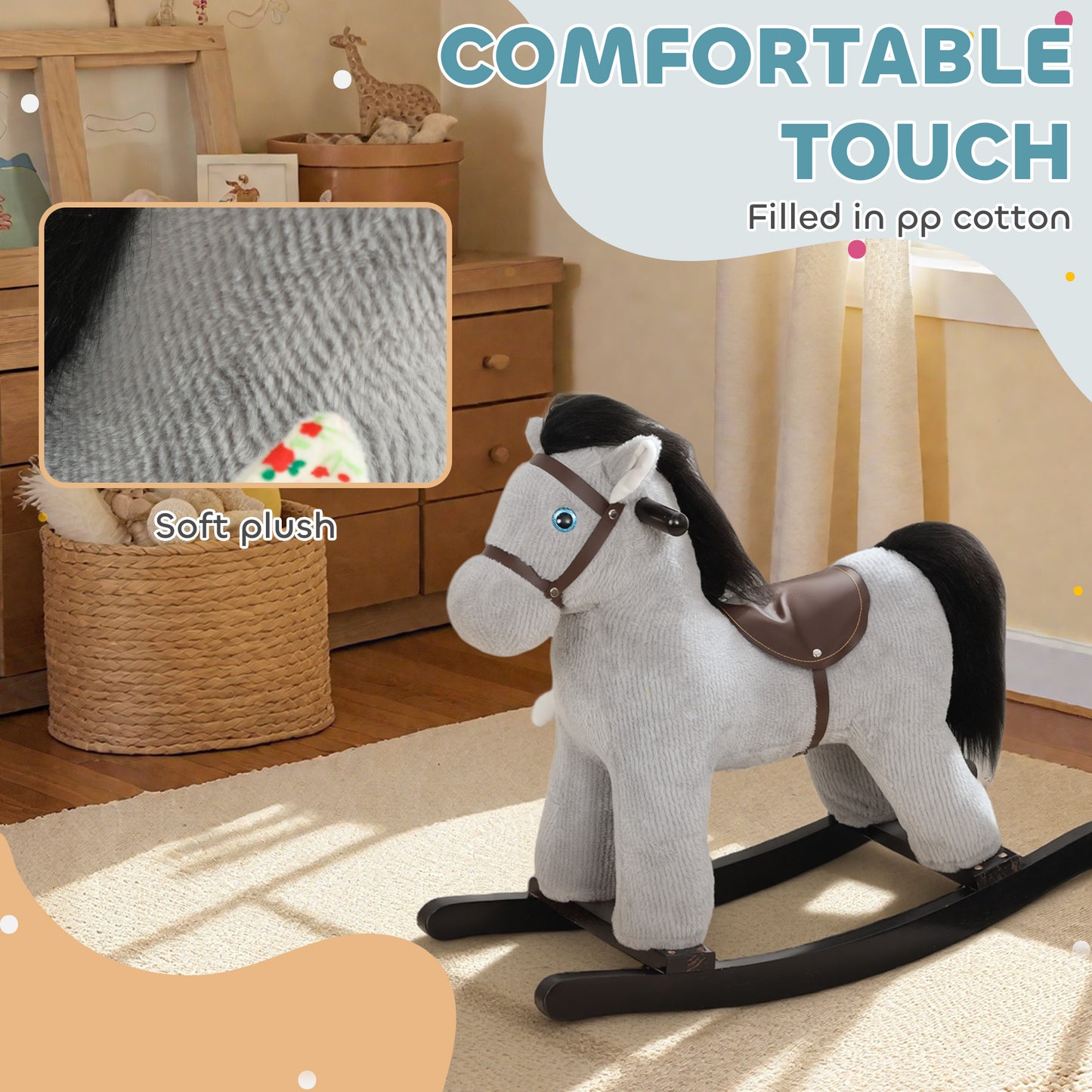 Baby Rocking Horse, Toddler Animal Rocker for Kids Aged 2-5, Grey