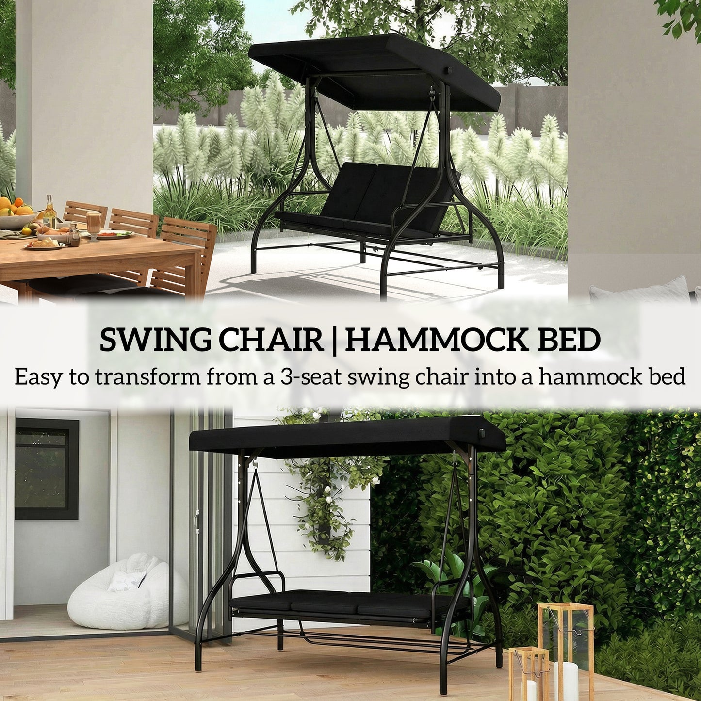 3 Seater Canopy Swing Chair Porch Hammock Bed, Black