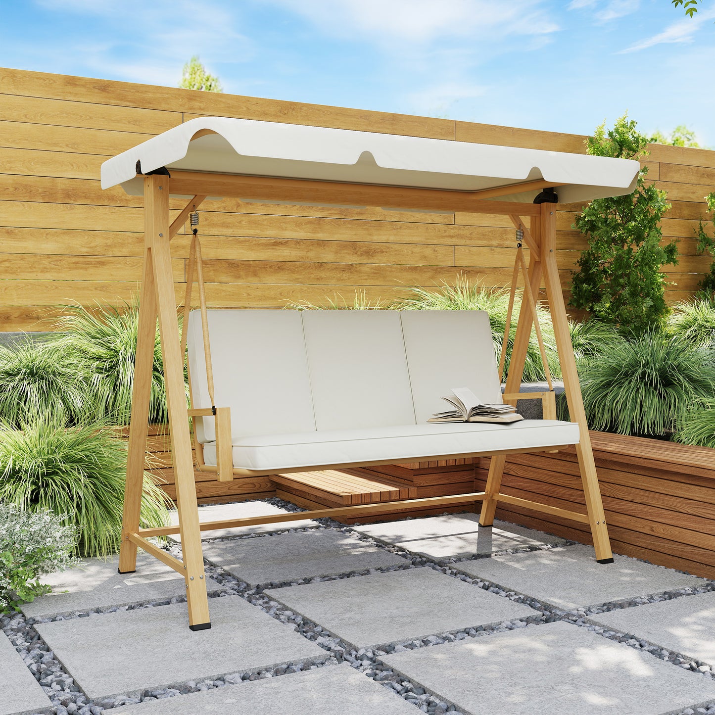 3 Seater Garden Swing Seat with Adjustable Canopy and Cushion Beige
