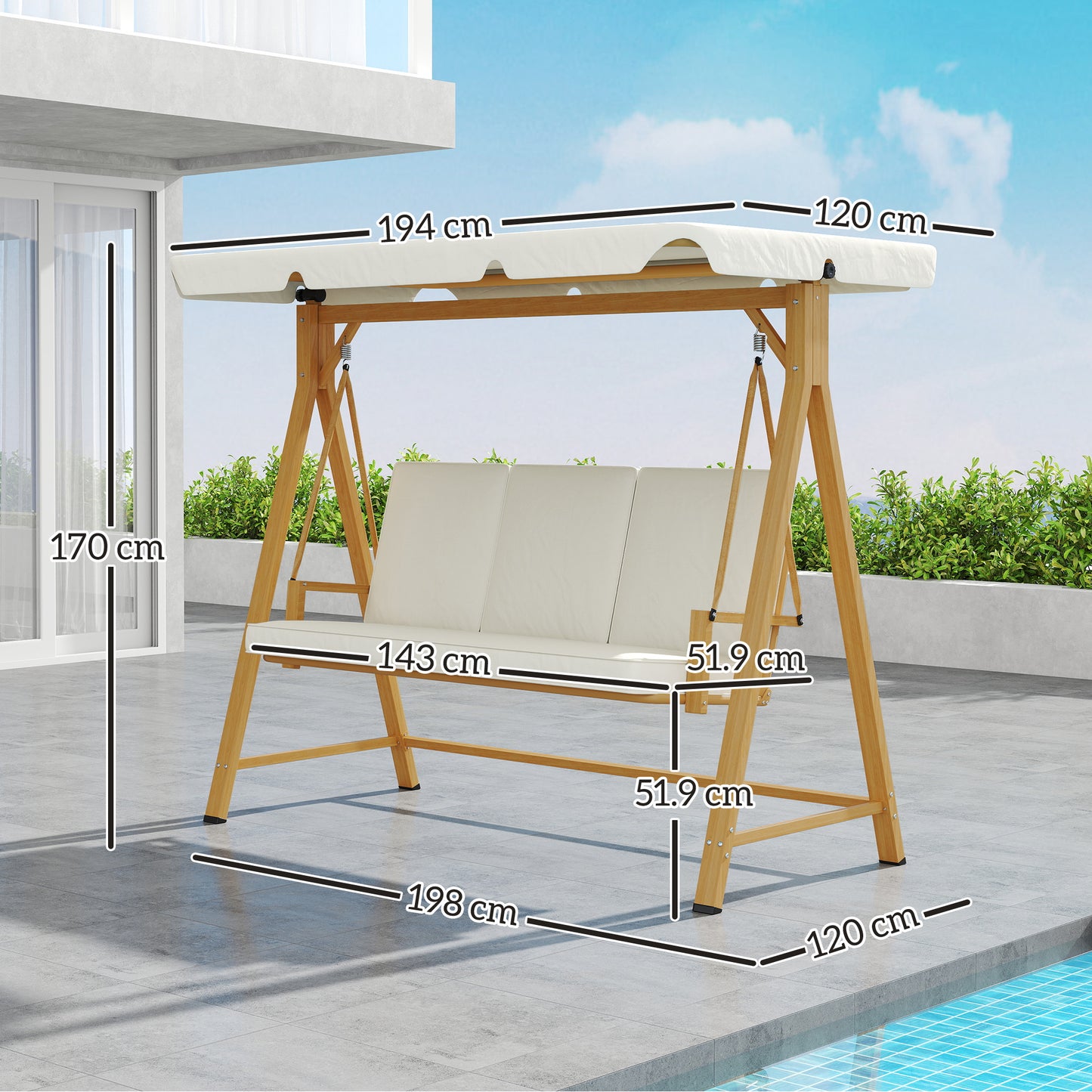 3 Seater Garden Swing Seat with Adjustable Canopy and Cushion Beige