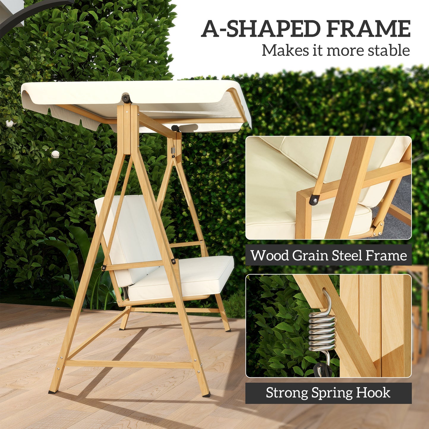 3 Seater Garden Swing Seat with Adjustable Canopy and Cushion Beige