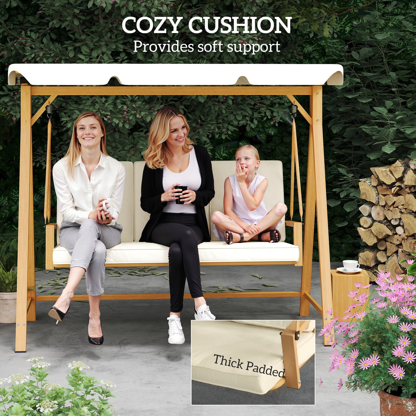 3 Seater Garden Swing Seat with Adjustable Canopy and Cushion Beige
