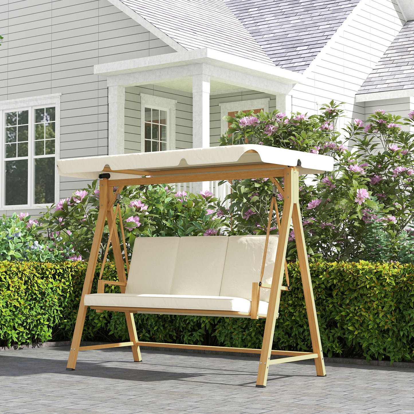 3 Seater Garden Swing Seat with Adjustable Canopy and Cushion Beige