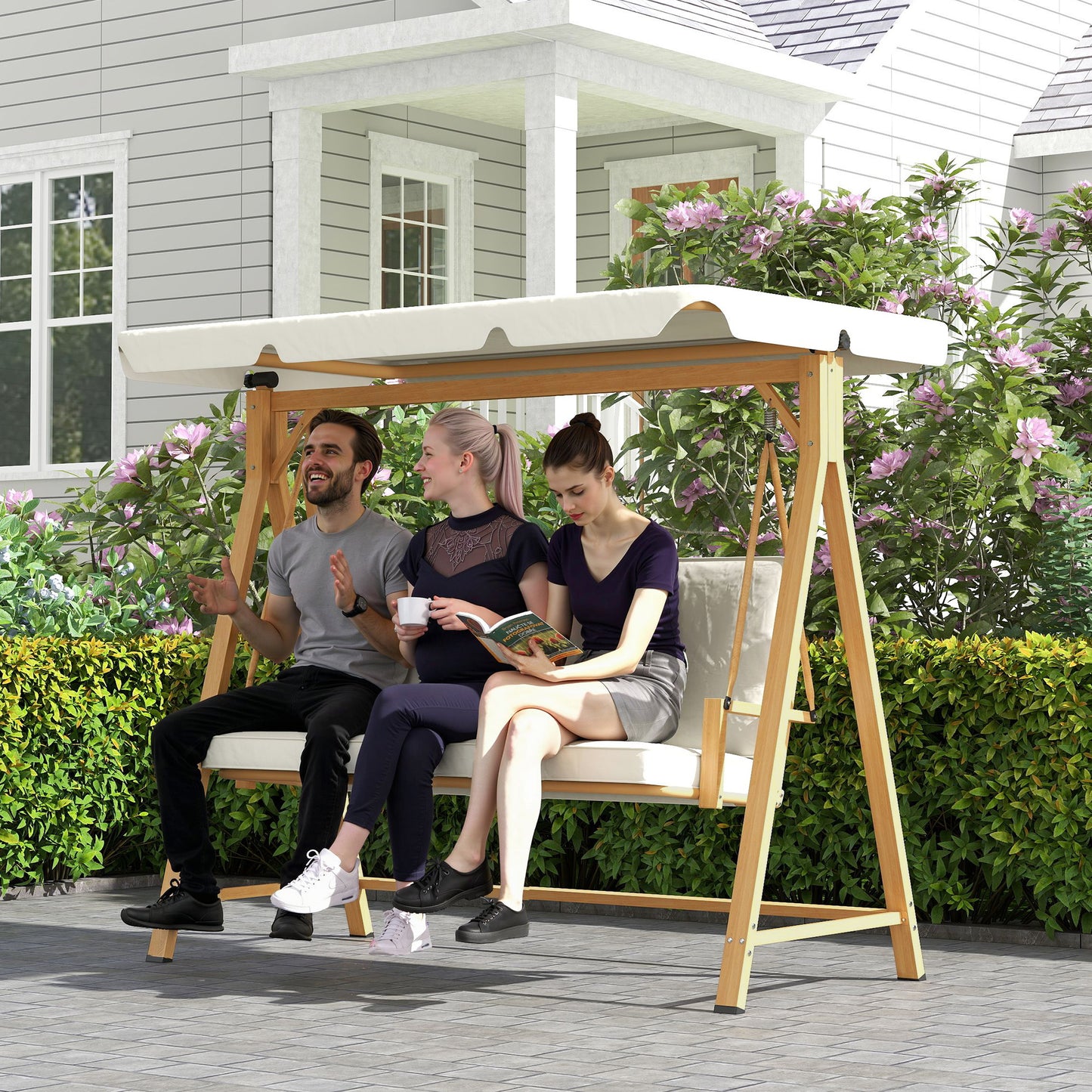 3 Seater Garden Swing Seat with Adjustable Canopy and Cushion Beige