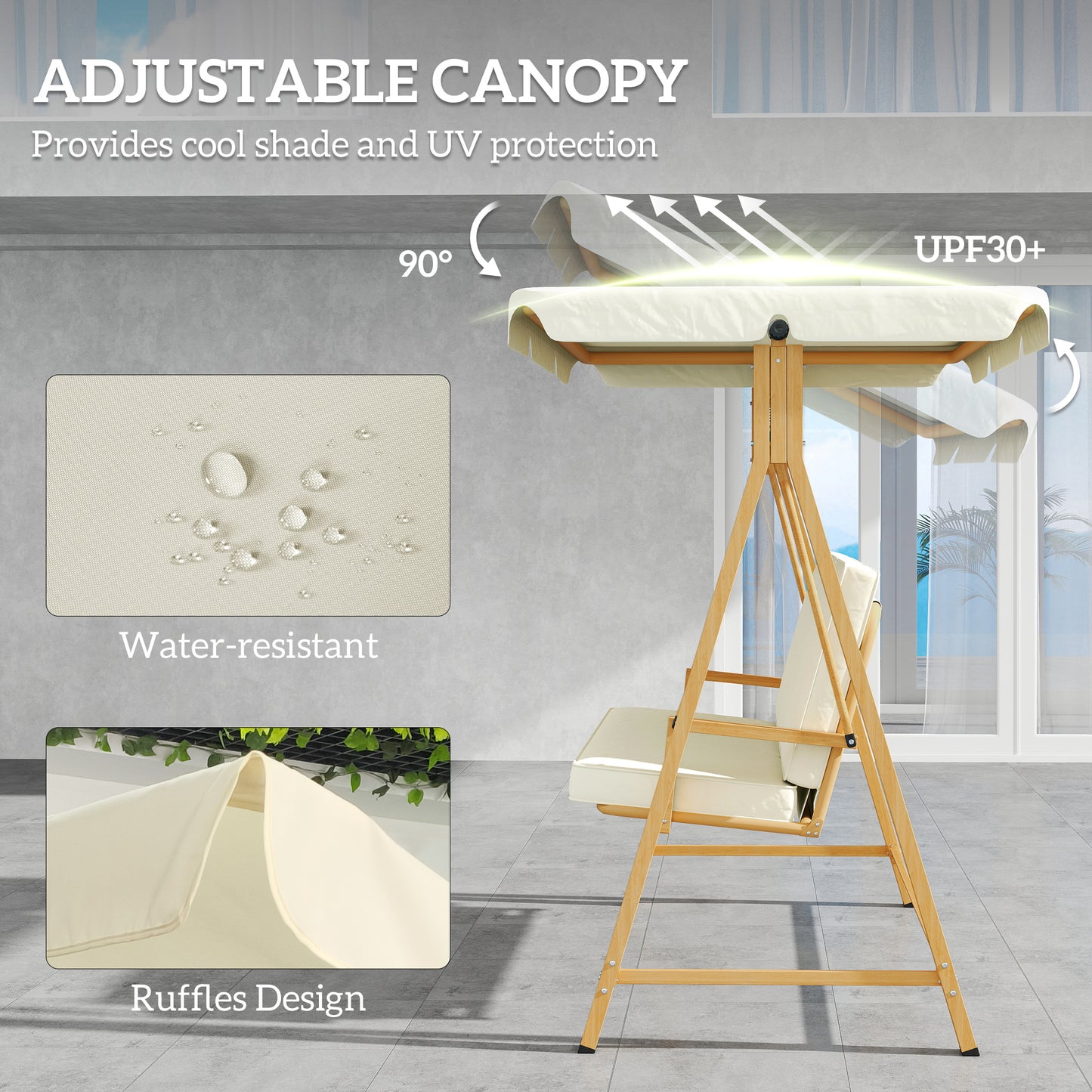 3 Seater Garden Swing Seat with Adjustable Canopy and Cushion Beige