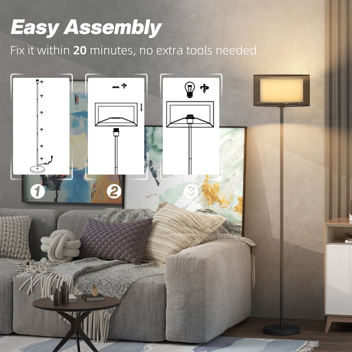 Modern Standing Lamp with Double Layer Shade & Foot Switch, Black
