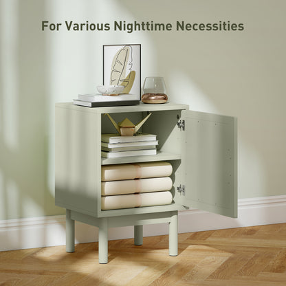 Boho Bedside Table with Rattan Door and Adjustable Shelf, Light Green