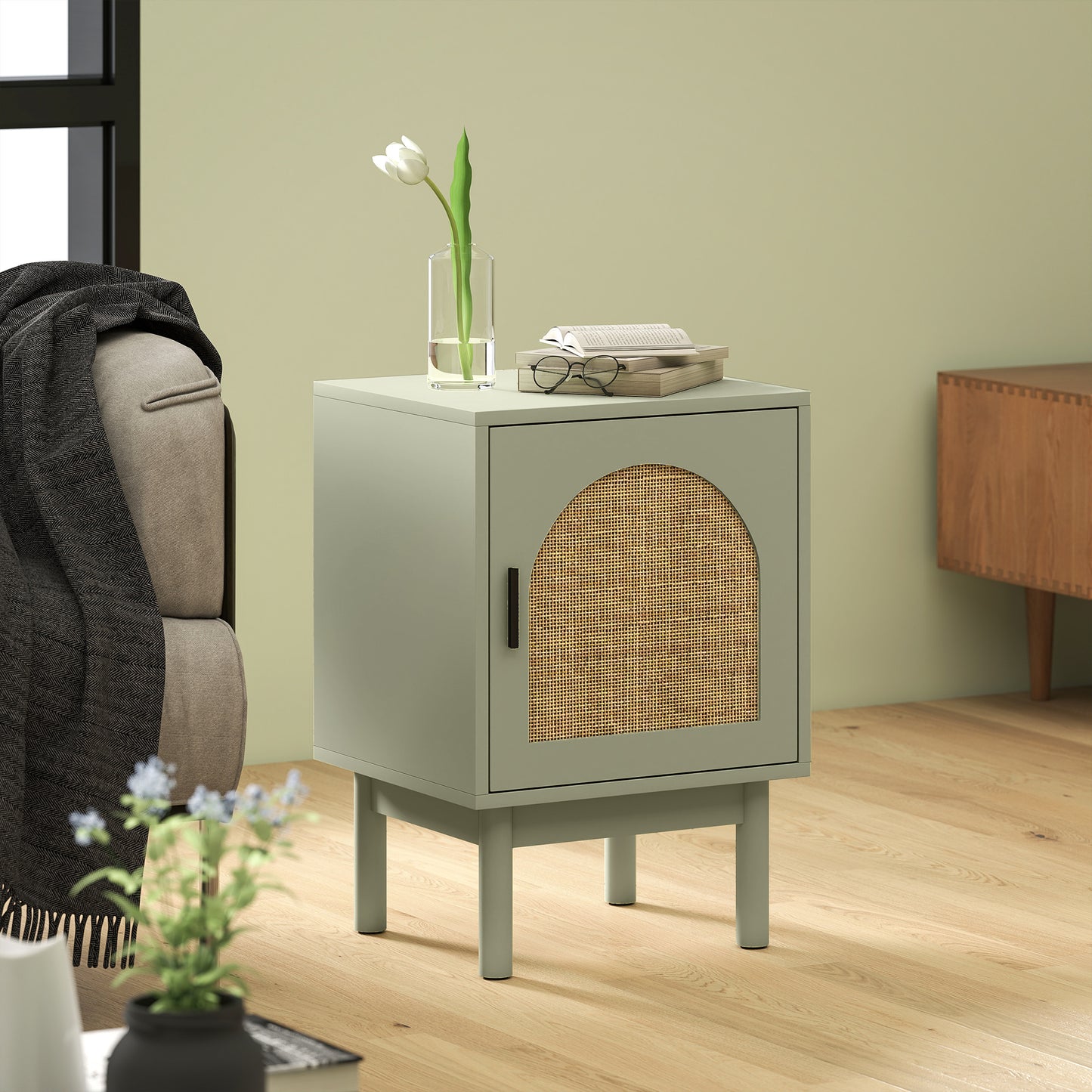 Boho Bedside Table with Rattan Door and Adjustable Shelf, Light Green
