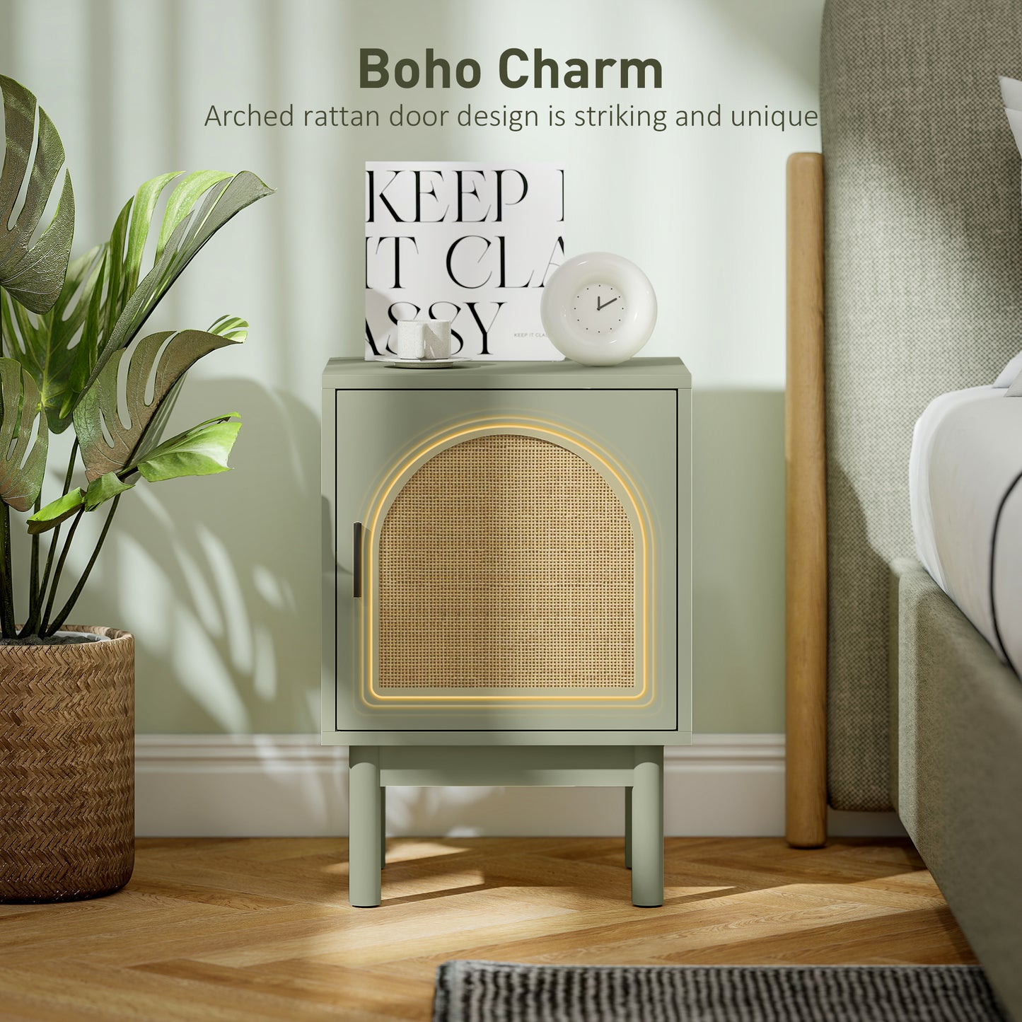 Boho Bedside Table with Rattan Door and Adjustable Shelf, Light Green
