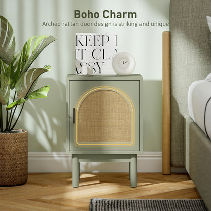 Boho Bedside Table with Rattan Door and Adjustable Shelf, Light Green
