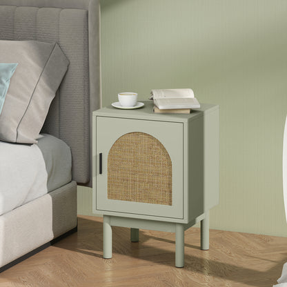 Boho Bedside Table with Rattan Door and Adjustable Shelf, Light Green