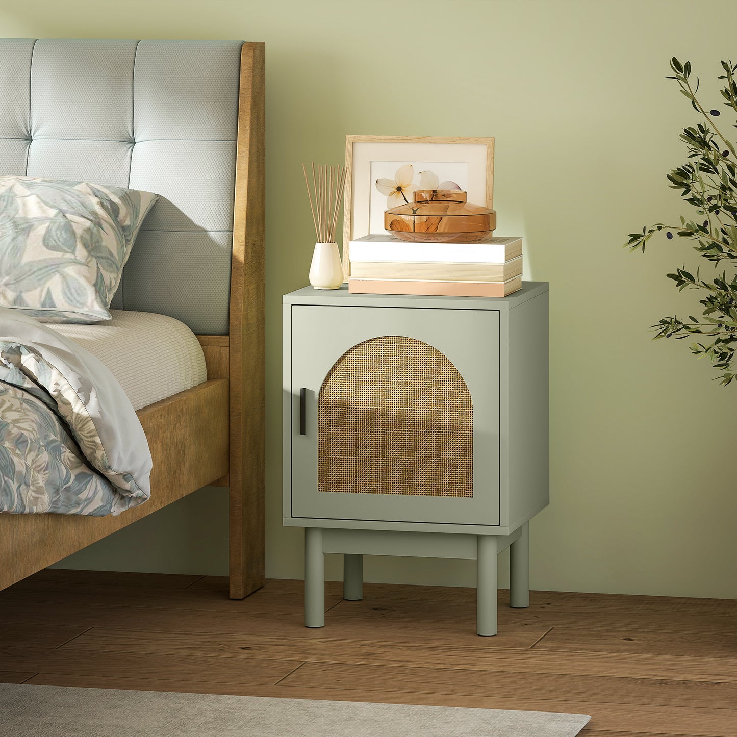 Boho Bedside Table with Rattan Door and Adjustable Shelf, Light Green