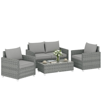 4 Piece Rattan Garden Furniture Set with Loveseat, 2 Armchairs, Glass-Top Table, Wicker Patio Conversation Set, Grey