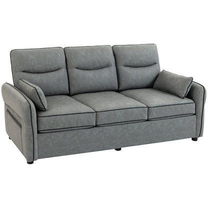 3 Seater Sofa, Faux Leather Couch with Thicken Cushion, Grey