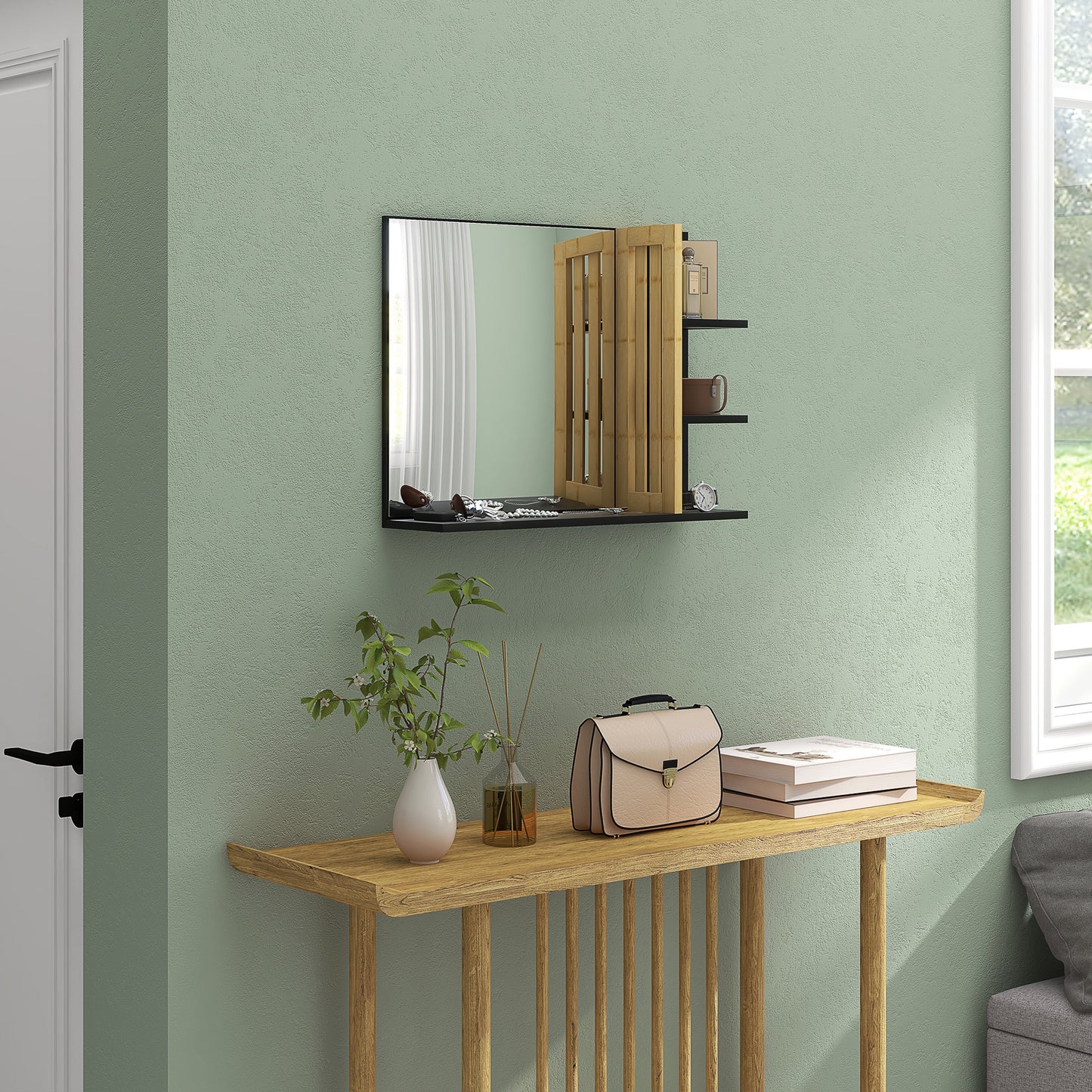 Bathroom Mirror Wall Mount Vanity Mirror with 4 Storage Shelves, Black