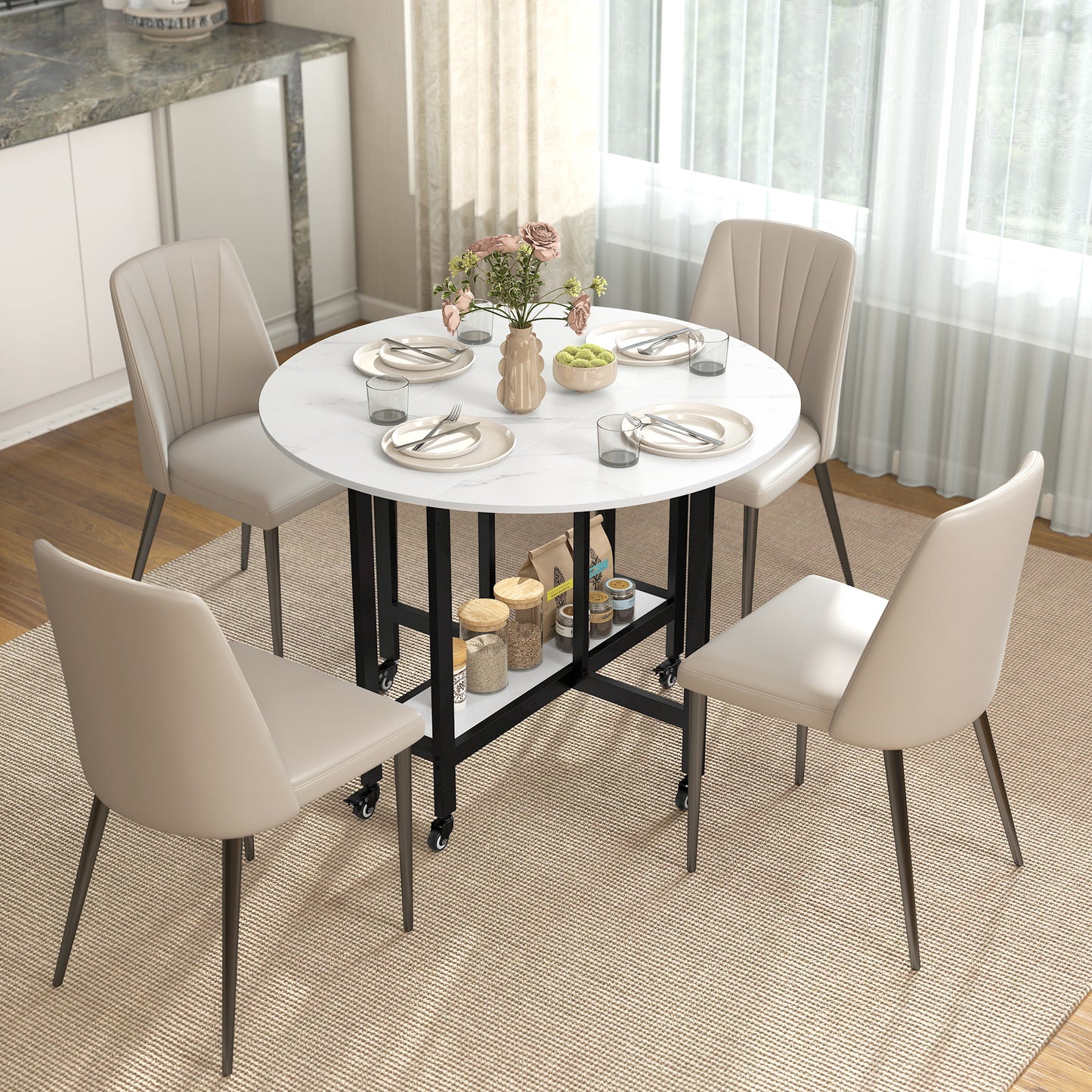 Folding Dining Table, Drop Leaf Table with Open Shelf, White Marble