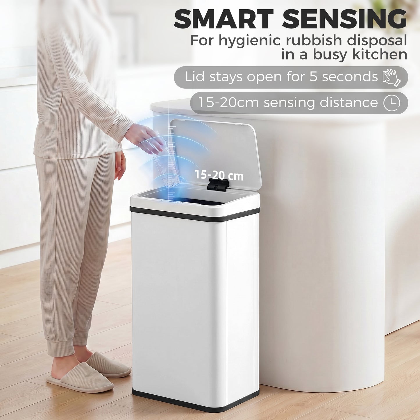50L Sensor Bin with Quiet Soft-Close Lid, Automatic Touchless Motion Sensor Kitchen Bin with Fingerprint Resistant Stainless Steel for Hygienic Gyms, Home Office Use, White