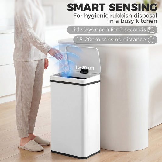 50L Sensor Bin with Quiet Soft-Close Lid, Automatic Touchless Motion Sensor Kitchen Bin with Fingerprint Resistant Stainless Steel for Hygienic Gyms, Home Office Use, White